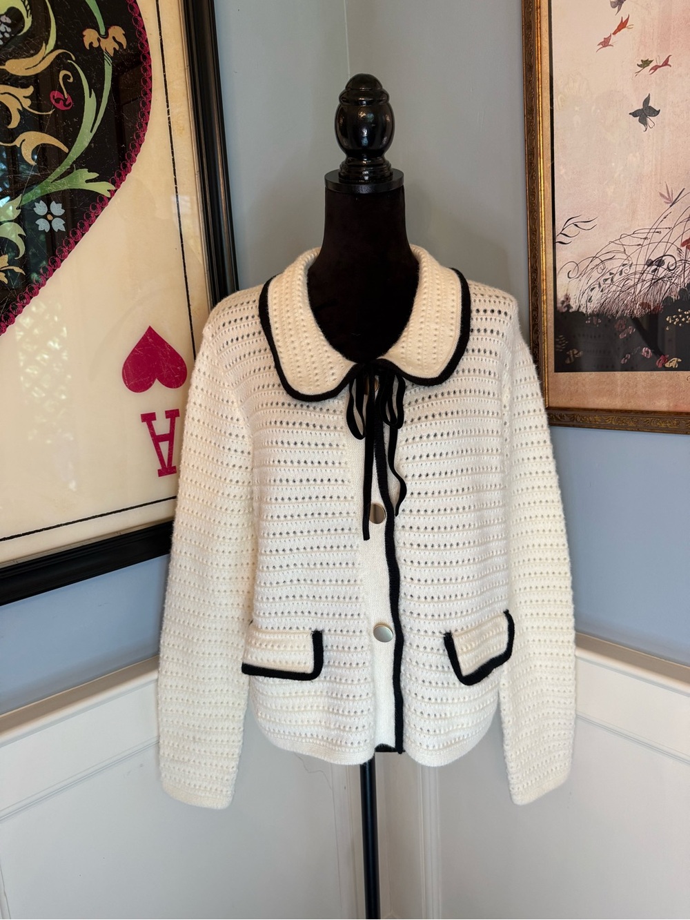 Anthropologie NVLT Crochet Knit White and Black Collar Tie Jacket Cardigan Sz L